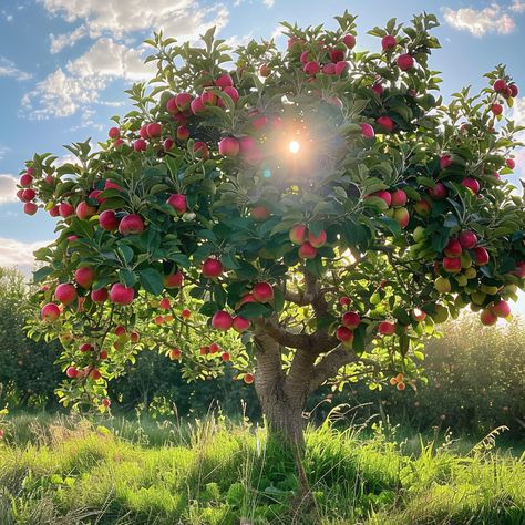 “An Apple Tree is a deciduous tree known for its delicious, crisp apples and its charming presence in gardens. These majestic trees provide shade and beauty, with blossoms in the spring and fruit in the late summer to fall. Planting an apple tree not only enhances your garden's aesthetic but also offers the rewarding experience of harvesting your own fruit for years to come. 🌳🍎” Aesthetic Fruit Trees, Fruit Tree In Garden, Apple Trees Aesthetic, Cute Garden Aesthetic, Fruit Trees Aesthetic, Dream Garden Aesthetic, Fruit Plants Garden, Fruits Trees Garden, Fruit Orchard Aesthetic