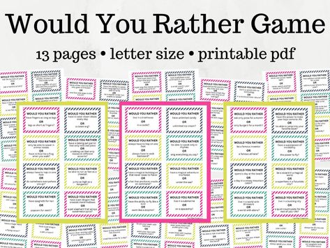 Check out my printable Would You Rather questions and game for kids! Both printable PDF files are completely free to use at home in your classroom. You can print the 4-page Would You Rather questions and/or the 101 colorful game cards. The Would You Rather questions are perfect for kids of all ages and include easy, hard, funny, gross, and teen questions! Back To School Would You Rather, Kid Would You Rather Questions, Would You Rather Questions For Kids, Passive Programming Library, Hard Would You Rather, Funny Would You Rather, Spanish Questions, Passive Programs, Would You Rather Game