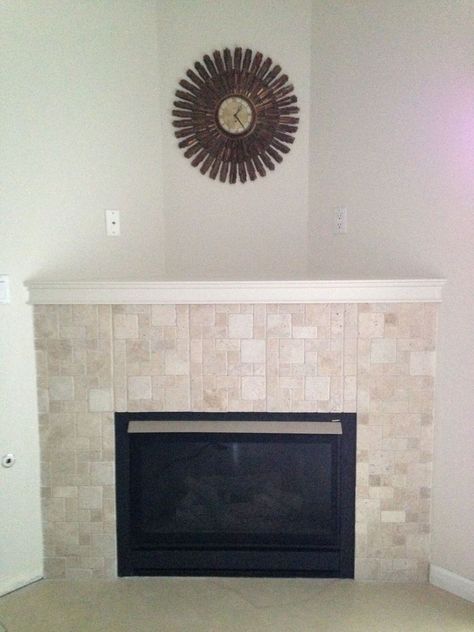 Corner Gas Fireplace Redone Corner Wall Tv, Upcycle Fireplace, Gas Fireplace Makeover, Corner Fireplace Makeover, Free Standing Electric Fireplace, Corner Fireplaces, Corner Fireplace Living Room, Corner Fireplace Ideas, Corner Gas Fireplace