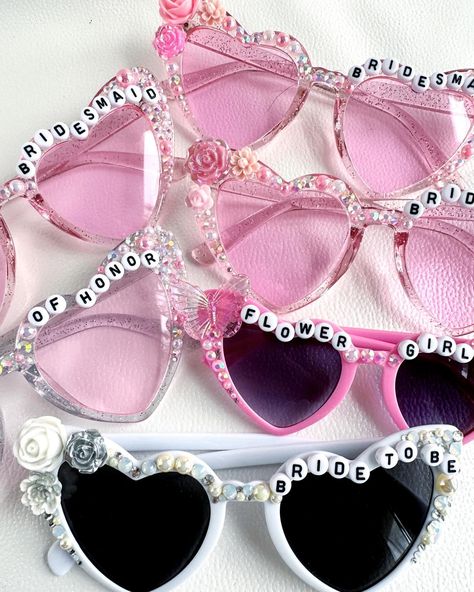 Calling all wedding vendors! Do any of you have a Swiftie bride that would love some fun sunnies for their wedding day photos? Or are you planning a styled shoot and want something unique? Let me know! I would love to chat about how we can work together 💜 #handmade #smallbusiness #wedding #bridesunglasses #bridalaccessories #bacheloretteparty #weddingparty #bridesmaidgifts #etsyseller #bejeweled #etsyshop #customgift Sunglass Decorating Craft, Sunglasses Diy, Glasses For Wedding, Bride Sunglasses, Diy Jar, Funky Glasses, Wedding Day Photos, Diy Jar Crafts, Bridemaids Gifts