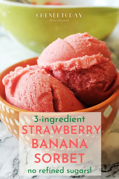 How to make delicious, healthy strawberry banana sorbet in your blender with frozen fruit and WITHOUT an ice cream maker -- quick and easy homemade vegan recipe that's dairy free and only calls for 3 ingredients and NO refined sugar! #strawberrybananasorbet #fruitsorbet #healthydessert #norefinedsugar #vegan #dairyfree #easydessertrecipe Sugar Free Sorbet, How To Make Sorbet, Fruit Sorbet Recipe, Banana Sorbet, Strawberry Sorbet Recipe, Vegan Sorbet, Homemade Sorbet, Sherbet Recipes, Sorbet Recipe