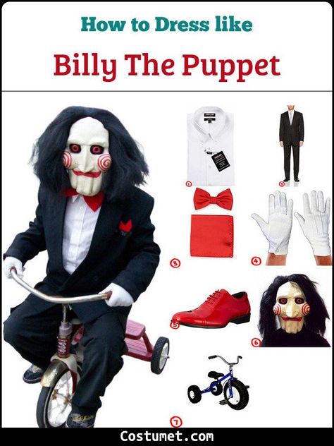 Billy the Puppet (Saw) Costume for Cosplay & Halloween 2021 Billy The Puppet Costume Female, Diy Jigsaw Costume, Billy From Saw Costume, Saw Puppet Costume, Saw Movie Costume, Halloween Saw Costume, Jig Saw Costume Girl, Saw Billy Puppet, Saw Costume Kids