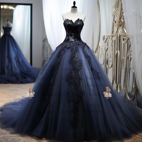 Black And Dark Blue Wedding Dresses, Black N Blue Wedding, Dark Blue Wedding Dress Brides, Black And Blue Quinceanera Theme, Deep Blue Wedding Dress, Black And Blue Quinceanera Dresses, Blue And Black Wedding Dress, Black And Blue Wedding Dress, Corpse Bride Quinceanera