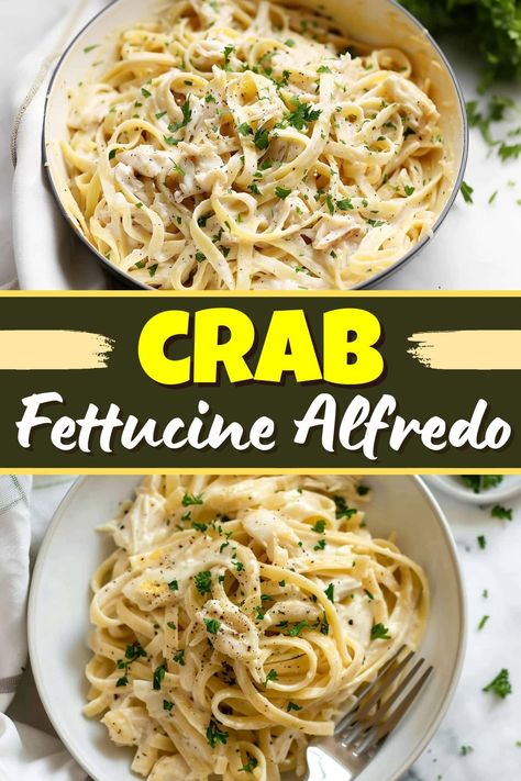 This Crab Fettuccine Alfredo is rich, creamy, and so decadent! Tender pasta is tossed with succulent crab meat in a luscious garlic Parmesan sauce. Snow Crab Pasta, Crab Alfredo Pasta Recipes, Crab Alfredo Pasta, Crab Alfredo Recipe, Crab Fettuccine Alfredo, Seafood Fettuccine Alfredo, Creamy Crab Pasta, Crab Fettuccine, Crab Meat Pasta