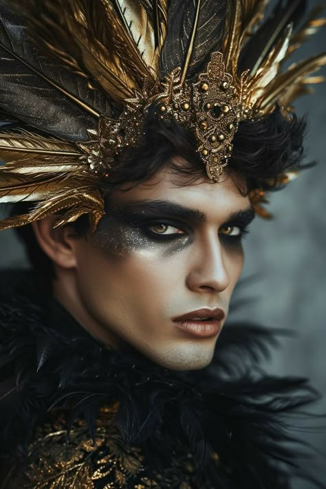 Hot Eye Makeup, Makeup Looks Costume, Fae Party, Bird Makeup, Ideas Disfraz, Men Makeup, Mens Masquerade Mask, Afrofuturism Art, Bird Man