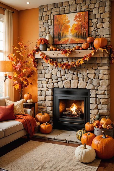 20 Fall Decor Ideas – ToolzView Halloween Party Living Room, Living Room Halloween, Halloween Living Room Decor, Fall Fireplace Decor, Party Living Room, Halloween Living Room, Fall Fireplace, Rustic Halloween, Modern Halloween