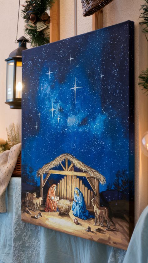 Nativity scene painting with Mary, Joseph, and baby Jesus in a stable under a starry night sky. Holiday Painting Ideas On Canvas, Christmas Church Painting, Christmas Scene Painting, Holiday Painting Ideas, Nativity Scene Painting, Cozy Winter Scenes, Christmas Painting Ideas, Nativity Painting, Canvas Painting Projects