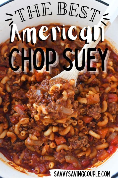 American chop suey in a white Dutch oven with a spoon. American Chop Suey Recipe New England, American Chopped Suey Recipe, American Chop Suey Recipe Crockpot, American Chop Suey Recipe, American Chop Suey Crockpot, American Chop Suey With Tomato Soup, American Recipes, American Chop Suey Instant Pot, Healthy American Chop Suey Recipe