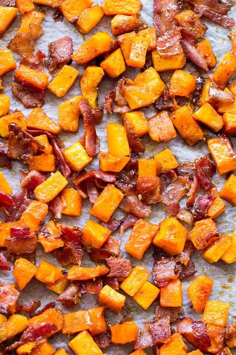 Maple Bacon Roasted Butternut Squash {Paleo} Bacon Squash Soup, Butternut Squash Bacon, Squash In Oven, Paleo Veggies, Butternut Squash Pizza, Butternut Squash Recipes Roasted, Savory Bacon, Buttercup Squash, Winter Squash Recipes