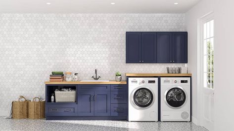 Navy Blue Shaker Kitchen Cabinets Laundry Room Navy, Blue Laundry Room Ideas, Navy Blue Laundry Room, Blue Shaker Kitchen Cabinets, Painted Wood Cabinets, Cabinets Wallpaper, Blue Laundry Room, Cabinet Hardware Ideas, Blue Shaker Cabinets