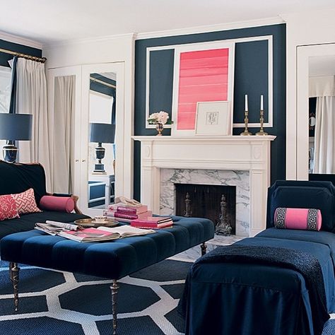 I absolutely love accenting navy with hot pink.    #SplashOfColor #52WeeksofMary #interiordesign #design #create #inspire #color #pink Blue And Pink Living Room, Blue And Pink Bedroom, Feminine Living Room, Pink Chairs, Pink Living Room Decor, Blue Living Room Decor, Pink Living Room, Pink Home Decor, Blue Living Room