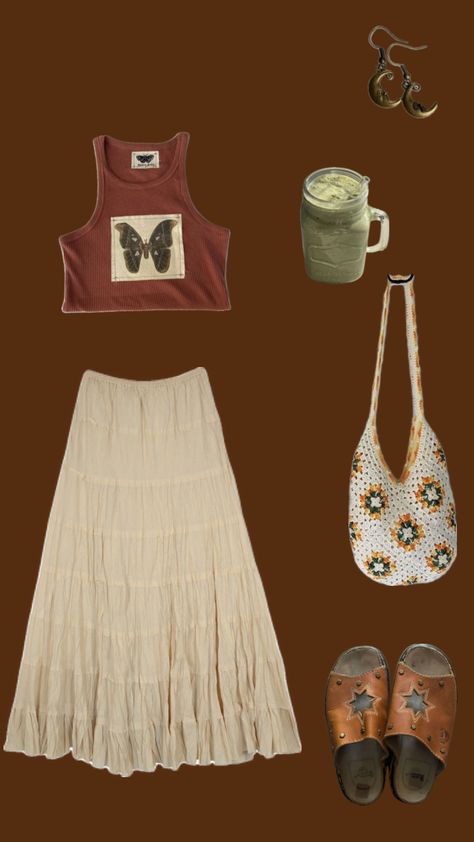 Cottage Core Hippy Outfits, Earthy Beach Aesthetic Outfits, Boho Outfits 2000s, Outfit Aesthetics Types, Long Earthy Skirts, Relaxed Fit Maxi Skirt, Hippie Style For Summer, Modest Spring Outfits, Estilo Hippy, Downtown Outfits