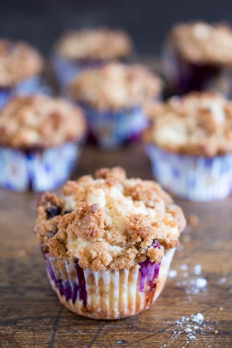 Bakery Style Blueberry Streusel Muffins. Loaded with fresh blueberries and sour cream for extra moist muffins. Perfect start to any morning! | chefsavvy.com #recipe #breakfast Strussel Topping For Blueberry Muffins, Bakery Style Blueberry Streusel Muffins, Blueberry Muffins Crumb Topping, Bakery Style Muffins Blueberries, Streusel Topping For Muffins, Keto Blueberry Muffins, Blueberry Streusel Muffins, Streusel Muffins, Perfect Blueberry Muffins Smitten Kitchen