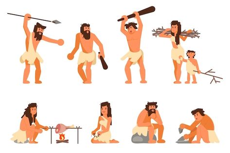 Primitive stone age people vector flat i... | Premium Vector #Freepik #vector #ancient-people #primitive #caveman #stone-age Primitive Illustration, Stone Age People, Stone Age Man, Stone Tools, Early Humans, Flat Icons Set, People Icon, Stone Age, People Illustration