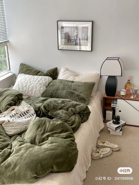 Green And Grey Room Aesthetic, Room Ideas Grey And Green, Dark Green And Cream Bedding, Army Green Room Decor, Green Aesthetic Bedding, Sage Green Bed Sheets Aesthetic, Green And Cream Bed, Cozy Bed Green, Olive Green And Cream Bedding