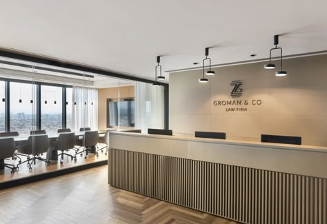 Groman & Co. Law Firm Offices Bnei Brak | Office Snapshots Attorney Office Decor, Office Front Desk, Law Firm Design, Law Firm Branding, Law Firm Office, Law Office Design, Office Reception Desk, Office Reception Design, Law Office Decor