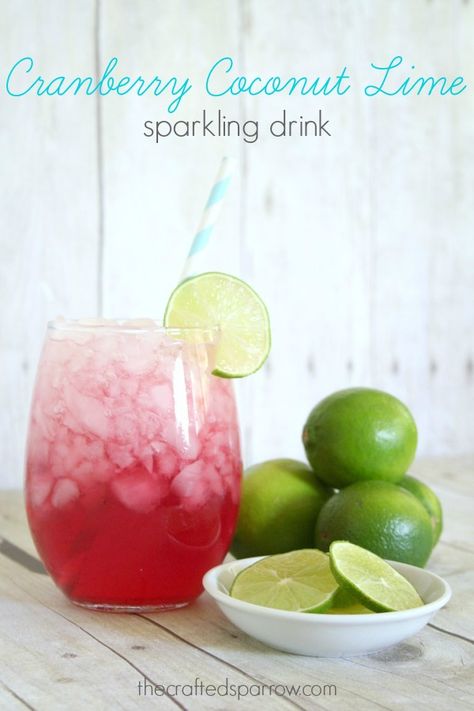 Cranberry-Coconut-Lime-Sparkling-Drink Lime Drinks, Summer Drinks Alcohol, Sparkling Drinks, Lemon Coconut, Vegetable Drinks, Water Recipes, Coconut Lime, Drinks Alcohol Recipes, Sparkling Water