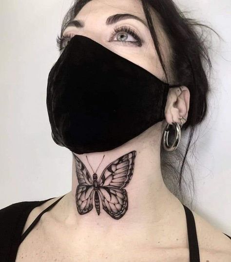 Butterfly On Throat Tattoo, Butterfly Tattoo On Throat For Women, Butterfly Throat Tattoos Women, Butterfly On Neck Tattoo, Neck Tattoos Women Throat Butterfly, Butterfly Throat Tattoo, Throat Tattoos Women, Tiny Butterfly Tattoo, Front Neck Tattoo