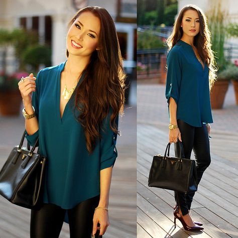 Shop Sosie Teal Top, Shani Jacobi Gold Necklace, Prada Black Tote, Ivanka Trump Dark Red Patent Heels Teal Shirt Outfit, Hapa Time, Jessica Ricks, Teal Shirt, Look Office, Bridal Lehenga Collection, Teal Blouse, Teal Top, Blouse Outfit