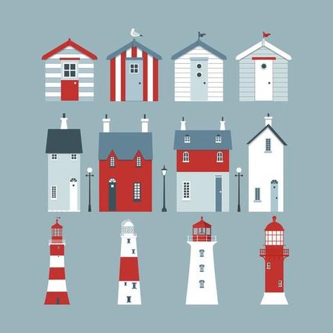 Small Lodge, Beach Hut Decor, Beach Huts Art, House Quilt Patterns, Hut House, Seaside Art, Beach Illustration, Beach Huts, Street Lights