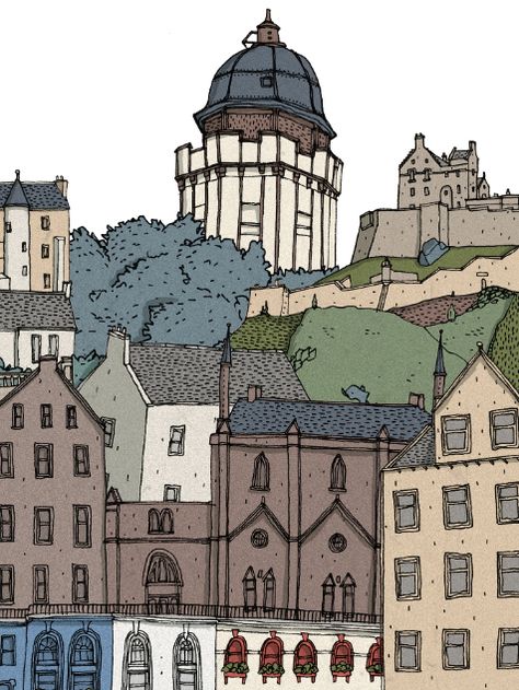 Edinburgh Illustration - David Galletly - Art, Illustration & Design Edinburgh Castle Drawing, Edinburgh Illustration, Edinburgh Skyline Drawing, Edinburgh Sketch, Edinburgh Watercolor Painting, Fineliner Art, Number Art, Student Guide, Pottery Designs