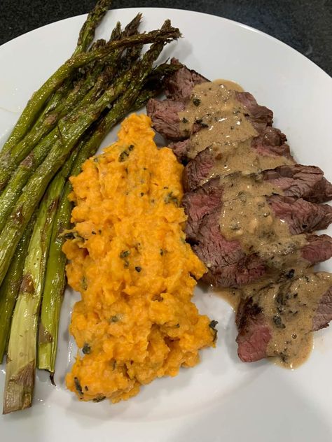 beef tenderloin with homemade pepper sauce. plus maple sage sweet potatoes and lemon roasted asparagus 🥩🤤😋 Sweet Potato With Steak, Steak With Sweet Potato, Steak And Sweet Potato Dinners, Homemade Pepper Sauce, Steak Asparagus, Beef Tenderloin, Roasted Asparagus, Sirloin Steaks, Pepper Sauce