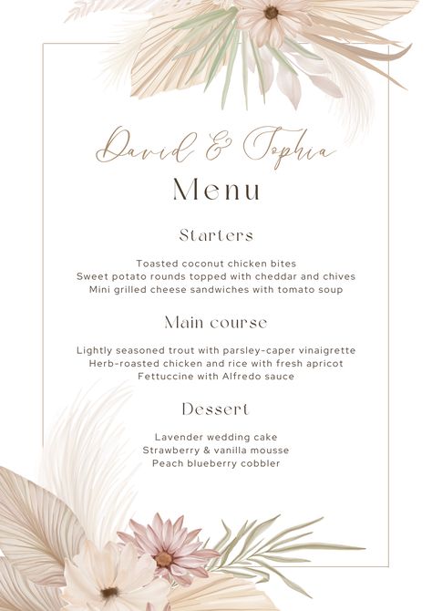 Canva Editable White Boho Botanical Wedding Menu #canva #editbale #menu #weddingmenu #Free Bohemian Restaurant, 18th Birthday Invites, Lavender Wedding Cake, Wedding Food Menu, Spa Menu, Wedding Menu Template, Birthday Invites, Restaurant Menu Design, Boho Theme