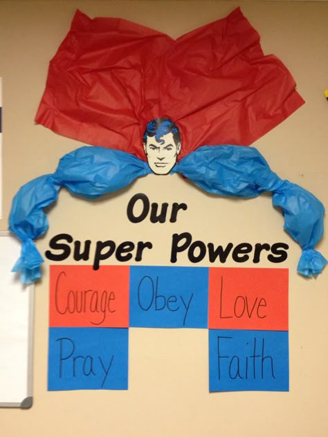 Sunday school Bulletin Board for our "Jesus, our real superhero" study. Wisdom will go in red at the bottom. Testing Themes, Superhero Strength, Superhero Week, Hero Central Vbs, Halloween Christian, Superhero Vbs, Bible Heroes, Superhero Classroom Theme, Sunday School Rooms