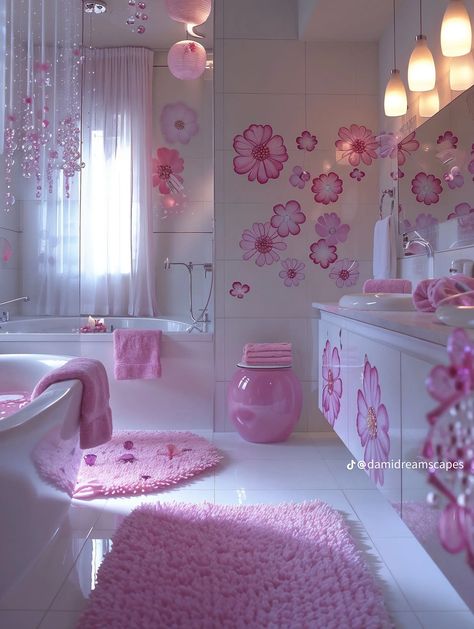 Stand Shower Ideas Bathroom, Soft Bathroom, Wall Ideas Bathroom, Barbie Apartment Aesthetic, Cozy Bathroom Aesthetic Vintage, All Pink Bathroom, Bathroom Themes Ideas, Apartment Pink, Cute Interior Design