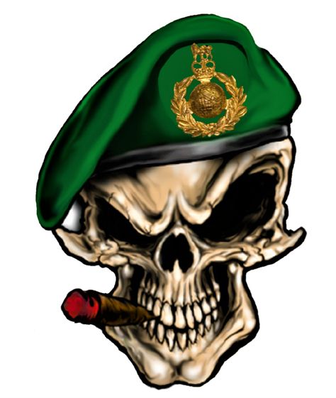 SKULL WEARING BERET WITH ROYAL MARINE COMMANDO CAP BADGE Royal Marines Commando, Skull Patches, Royal Marine Commando, Skull Patch, British Armed Forces, Skulls Drawing, Royal Marines, Tat Ideas, Horror Music