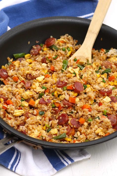 Chinese Sausage Fried Rice - IzzyCooking Chinese Sausage Fried Rice Recipe, Lap Cheong Fried Rice, Chinese Sausage Fried Rice, Chinese Sausage Recipes, Asian Sausage, Fried Rice With Chinese Sausage, Sausage Fried Rice, Sausage Stir Fry, Pineapple Fried Rice Recipe