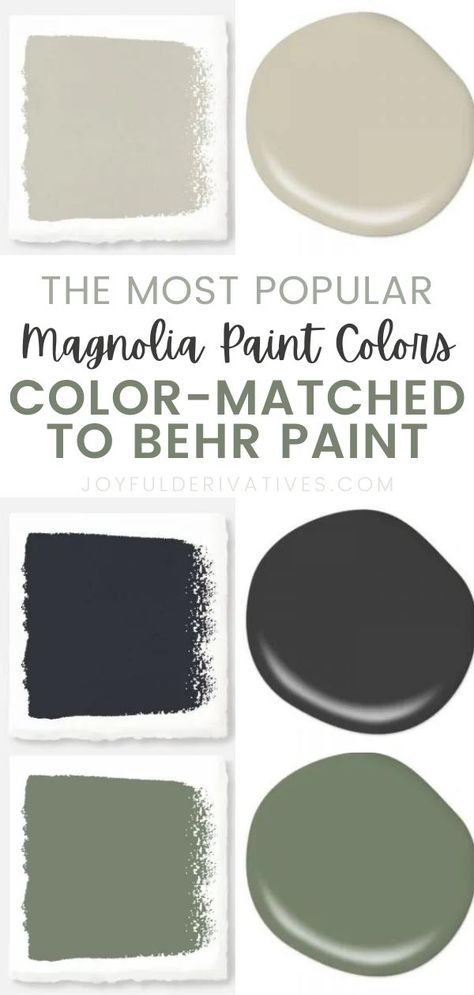 Get Joanna Gaines' most popular paint colors without the wait or paying for chipping! This easy guide will show you how to color match your favorte Magnolia paint color to Behr paint. If you love Joanna's paint colors, you can eaily get them mixed in the Behr brand with my easy paint match list! Magnolia Homes Paint Colors Matched, Magnolia Home Paint Colors, Farmhouse Bedroom Paint Colors, Magnolia Paint Colors, Magnolia Home Paint, Fixer Upper Paint Colors, Joanna Gaines Paint Colors, Joanna Gaines Paint, Joanna Gaines Farmhouse