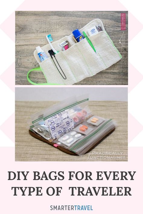 Travel Pouches Organizing Diy, Diy Travel Kit For Women, Diy Travel Laundry Bag, Medication Travel Organization, Diy Travel Bags, Diy Suitcase Organizer, Luggage Travel Cup Holder Diy, Sewing For Travel, Diy Travel Makeup Organizer