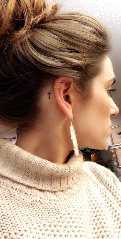 Cross tattoo behind ear. Small Tattoos With Meaning Quotes, Simple Cross Tattoo, Behind Ear Tattoos, Tattoo Placements, Small Shoulder Tattoos, Cross Tattoos For Women, Small Tattoos With Meaning, Flower Tattoo Shoulder, Small Tattoos Simple