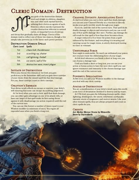 (Crash) Cleric (Destruction Domain) Cleric Subclasses 5e, Cleric Homebrew, Dnd Skills, Cleric Domains, Dnd Sorcerer, Dnd Subclasses, Dnd Cleric, Homebrew Classes, Dm Ideas