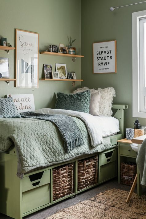 Sage green isn’t just a color—it’s a vibe! Learn how to create a serene student sanctuary with cozy decor, smart storage, and stylish designs that work for small dorm spaces. #SageGreenDecor #DormRoomIdeas #CozyDormRoom #StudentLiving #DormInspiration Forest Green Dorm Room Aesthetic, Sage Green Desk Aesthetic, Sage Green Aesthetics, Green College Dorm, Room Decor For Men, Green Room Decor, Stylish Room Decor, Green Aesthetics, Small Dorm