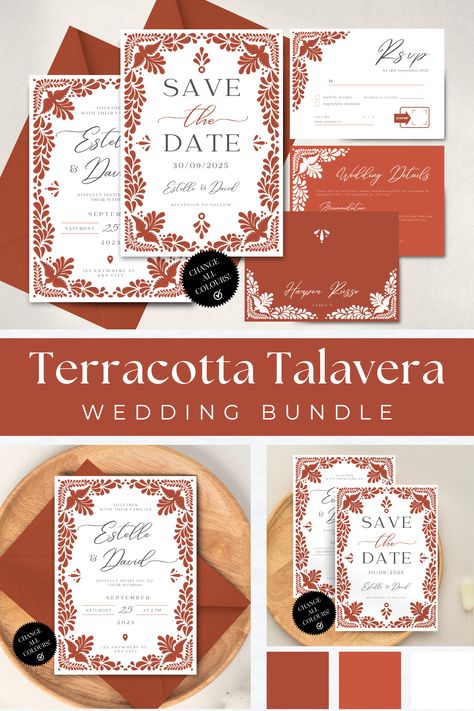 Terracotta Talavera Wedding Invitation Bundle. Mexican boho wedding templates for Canva editing. Terracotta Wedding Theme Printable Invite Suite. Authentic and unique Destination Wedding Save the Date, Invitation, RSVP card, Place Card and Details Card. Ideal for weddings in Mexico. Clay, burnt orange trendy colors. All season Wedding! Terracotta Mexican Wedding, Talavera Wedding, Dream Wedding Invitations, Mexican Boho, Boda Mexicana, Wedding Suite, Mexican Wedding, Something Blue, Printable Invitations