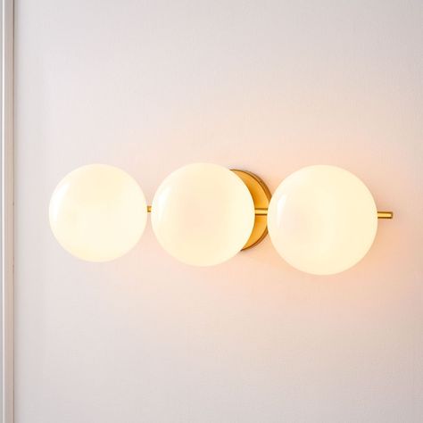 Sphere + Stem Wall Sconce, 3 Light Two Light Bathroom Vanity, Mid Century Modern Bathroom Lighting, Globe Vanity Light, Redo Bathroom, Stem Wall, Harris House, Bathroom Upstairs, Spare Bathroom, Modern Vanity Lighting