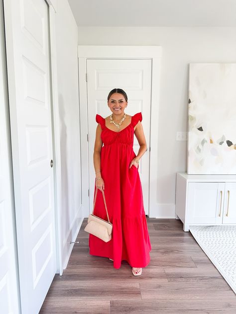 red dress / summer dress / clutch / heels / summer outfit / maxi dress / vacation dress Red Midi Dress Outfit, Midi Dress Outfit Casual, Heels Summer Outfit, Red Dress Summer, Maxi Dress Vacation, Heels Summer, Dress Vacation, Vacation Dress, Red Midi Dress