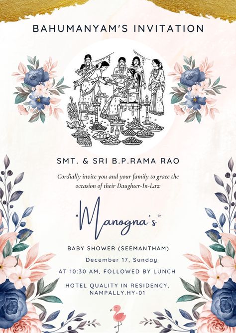 Baby shower invitation Sreemantham Invitation Templates, Indian Seemantham Invitation, Seemantham Invitation Card Traditional, Seemantham Invitation Card Template, Sreemantham Invitation Card, Sreemantham Invitation, Seemantham Invitation Card, Valaikappu Invitation, God Bharai