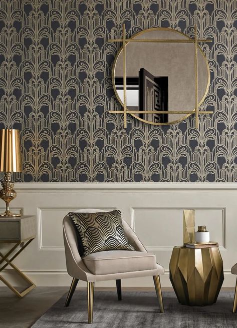 Almost 100 years on, Art Deco is back in style - realestate.com.au Modern Art Deco Wallpaper, Gold Removable Wallpaper, Arte Art Deco, Art Deco Living, Tapete Gold, Wallpaper Art Deco, Art Deco Living Room, Deco Wallpaper, Contemporary Art Deco