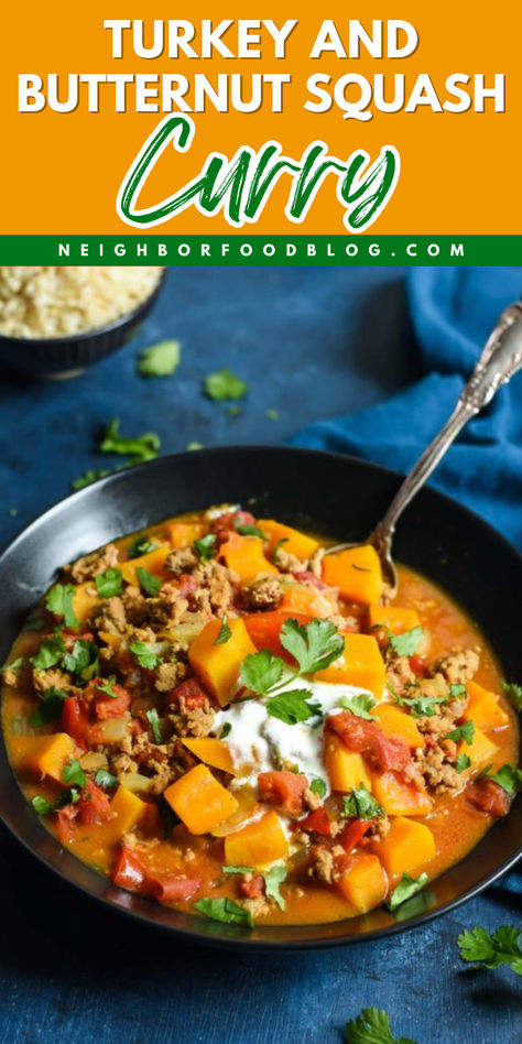 Want more healthy dinner recipes? Have a bowl of this easy healthy comfort food! Swimming in a bright and earthy broth with layers of flavor, this Turkey and Butternut Squash Curry will warm you up from the inside out! Turkey Butternut Squash, Butternut Squash Dinner, Easy Food To Cook, Comfort Food Dinner Ideas, Easy Winter Meals, Winter Food Ideas, Simple Cooking Recipes, Food For Picky Eaters, Butternut Squash Spinach