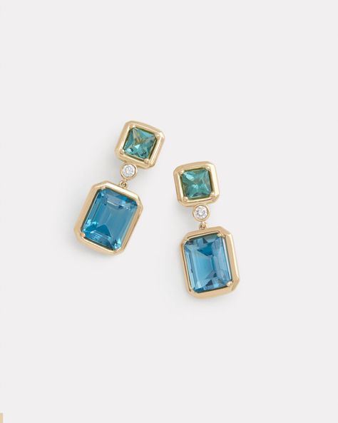 18K Yellow Gold Square Blue Tourmaline and London Blue Topaz Drop Earring with Diamonds, .15 TCW1 Inch Long x 1/2 Inch Wide Style# YESEBGLBW Blue Earrings Wedding, Teal Jewelry, London Blue Topaz Earrings, Lucky Jewelry, Blue Topaz Jewelry, Edwardian Jewelry, Tourmaline Earrings, Aquamarine Earrings, Gem Earrings