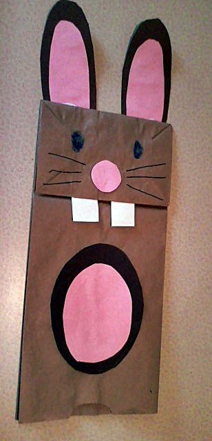 Description of Activity:  Paper Bag Rabbit     Sequence of Activity:  1.	Name on back of paper bag  2.	Cut out templates for ear, nose, stomach, teeth  3.	Glue together rabbit  4.	Add eyes and whiskers Paper Bag Rabbit, Spider Suckers, Bunny Crafts For Kids, Cut Out Templates, Rabbit Crafts, Spring Classroom, Paper Bag Puppets, Toddler Arts And Crafts, Puppet Making