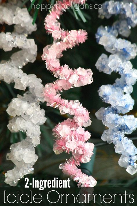 WOW!  2-Ingredient Icicle Ornaments - Make gorgeous shimmering "icicles" with pipe cleaners in a borax and water solution!  Fascinating science experiment AND homemade ornaments for the tree! -  Happy Hooligans Borax Crystals, Happy Hooligans, Icicle Ornaments, Homemade Ornaments, Crafts For Boys, Pipe Cleaners, Noel Christmas, Christmas Crafts For Kids, Winter Crafts