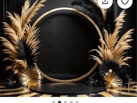 Black And Gold Feather Centerpieces, Black And Gold Backdrop Ideas, Gold And Black Backdrop, Gold And Black Party, Senior Banquet, Greek Party, Black And Gold Party Decorations, Birthday Deco, Elegant Backdrop