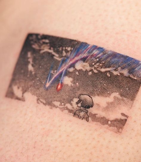 Your Name Anime Tattoo Ideas, Weathering With You Tattoo, Your Name Tattoo Anime, Your Name Anime Tattoo, Minimalist Anime Tattoos, Mini Anime Tattoos, Lofi Tattoo, Small Anime Tattoo, Korean Style Tattoo