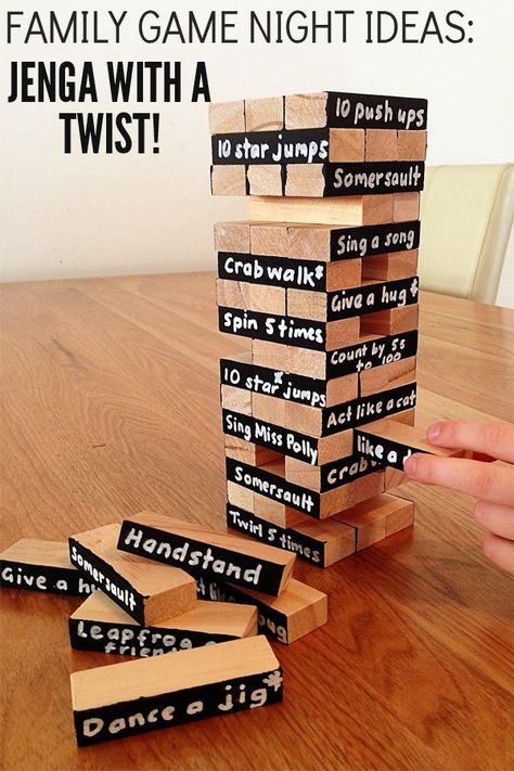 Family game night idea - it's Jenga with a twist! Such great family fun. Family Game Night Ideas, Game Night Ideas, Jenga Game, Family Fun Night, Family Home Evening, Bachelorette Party Games, Backyard Games, Diy Games, Family Night