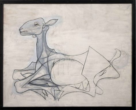 Pablo Picasso art - FineArtConnoisseur.com    Pablo Picasso, “La Chèvre” (The She Goat), Antibes, 1946, Ripolin, charcoal and graphite on wood, 119.6 x 149.5 cm, Musée Picasso, Antibes, Don de l’artiste, MPA 146.1.5., © Succession Picasso 2018 Pablo Picasso Drawings, Picasso Sketches, Picasso Cubism, Picasso Drawing, Pablo Picasso Art, Art Picasso, Pablo Picasso Paintings, Picasso Paintings, Picasso Art