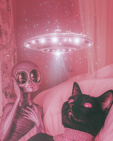 The black cat looked up at the alien and said, “Take me to your litter!” 😸👽🛸 Happy Caturday! 🩷 All my love, Your Starcrime alien AKA Heather . . . #PinkVibes #GlitterArt #glitterartist #UFOArt #AlienArt #scifiartwork #catartwork #catlove #catlovers Alien Baddie Aesthetic, Pink Alien Wallpaper, Tumblr Aliens, Alien Love, Trippy Cat, Scifi Artwork, Trippy Aesthetic, Alien Aesthetic, Iphone Wallpaper Stills